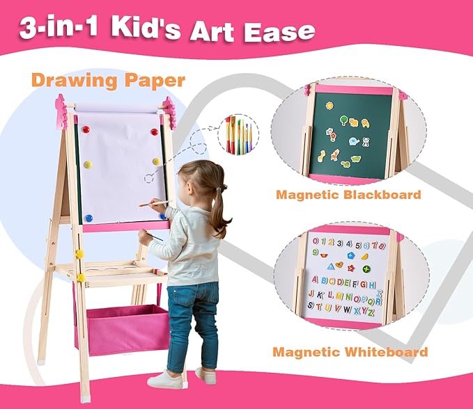 2-in-1 Double Sided Kid's Easel, Height-Adjustable Art Easel for Boys and Girls Ages 3-10, Including 100+ Accessories with Magnetic Chalkboard & Painting Board, Toddler Gifts