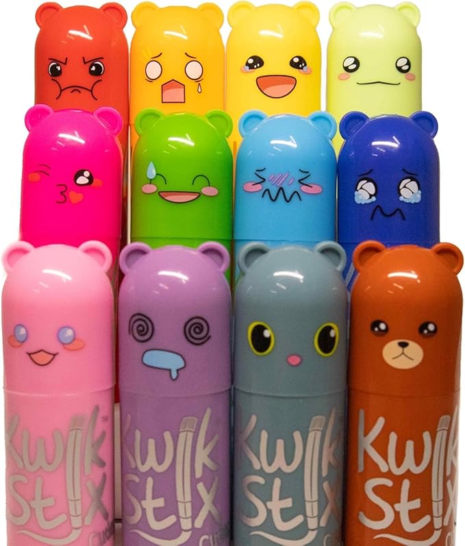 Kwik Stix Cuties Washable Paint Sticks for Kids & Toddlers, 12 Non-Toxic Colors, Quick-Drying, Allergen-Free, Solid Tempera with Cute Caps