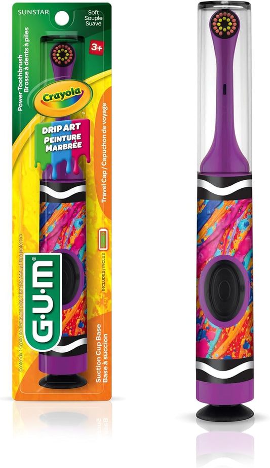 GUM Crayola Power Toothbrush for Kids, Extra Soft Bristled Toddler Toothbrushes, Travel Cap + Suction Cup Base, Batteries Included, 1ct