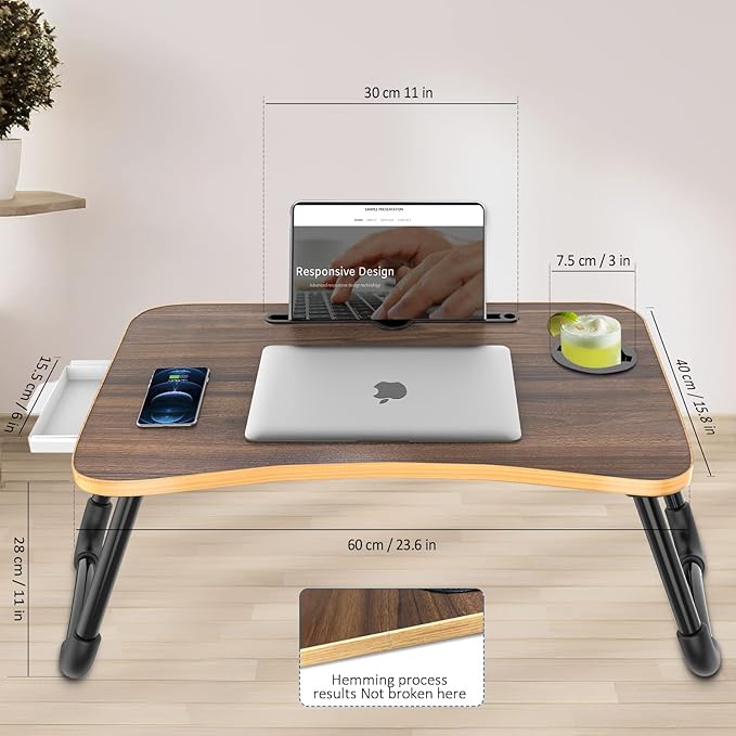 Zapuno Foldable Laptop Bed Table Multi-Function Lap Bed Tray Table with Storage Drawer and Water Bottle Holder, Serving Tray Dining Table with Slot for Eating, Working on Bed/Couch/Sofa