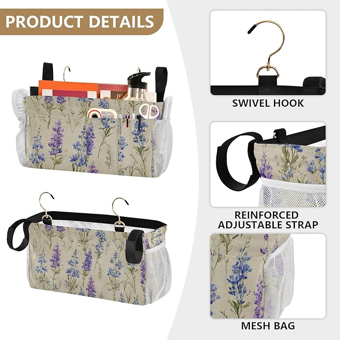 Bluebonnet Lavender Bedside Caddy for Dorm Bed Bedside Hanging Caddy Bag Iron Frame Storage Organizer Pocket for Bunk Home College Hospital Beds 2 Hooks