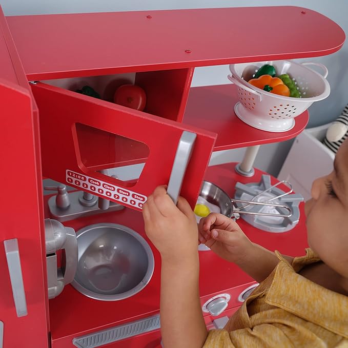 KidKraft Red Vintage Wooden Play Kitchen with Stainless Steel-Look Trim, Play Phone