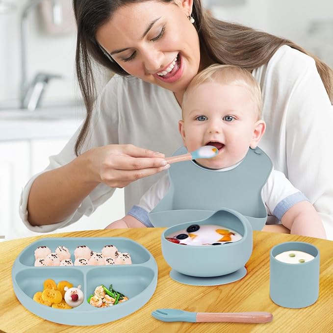 Silicone Baby Feeding Set|6 pcs Premium BPA-Free Baby Led Weaning Supplies with large Suction Baby Plates and Bowls Set,Infant Spoon,Bibs,Cup|Baby Eating Utensils for 6+ Months (Blue)
