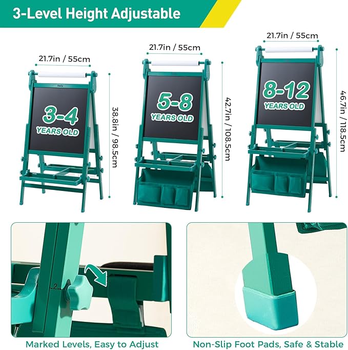 FUNLIO Foldable Anti-Warping Kids Art Easel, 3 Height Adjustable for Kids Aged 3-8, All-in-One Toddler Easel with Paper Roll, Standing Easel with Magnetic Chalkboard/Whiteboard - Green Foldable