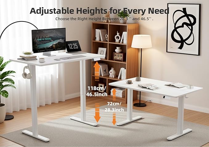 Seang Electric Height Adjustable Standing Desk, 55 x 24 Inch Sit-Stand Desk with T-Shaped Frame, 3 Memory Presets & Cable Management for Home Office Computer Workstation, White Frame/White Top