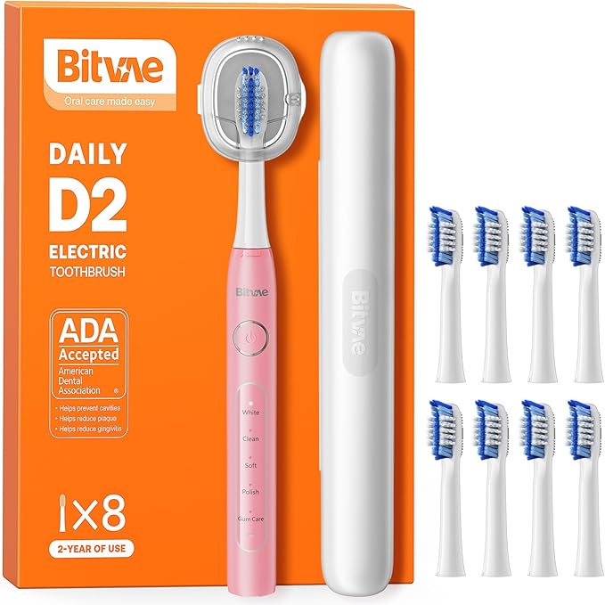 Bitvae Ultrasonic Electric Toothbrush - Rechargeable Sonic Electric Toothbrush for Adults and Kids, Power Toothbrush with Holder, 8 Brush Heads, Smart Timer, Fast Charge, Pink D2