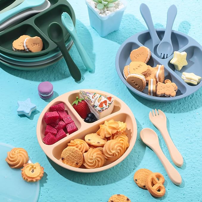 Meanplan 6 Pack Suction Plates for Toddlers with Lids Silicone Baby Plates set Food Grade Silicone Divided Design BPA Free Microwave and Dishwasher Safe Assorted Colors(Mixed Colors)