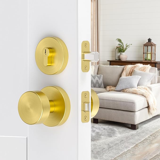 Gold Door Knob with Deadbolt Lock, Satin Brass Front Door Handle with Deadbolt Lock Set, Round Deadbolt and Exterior Door Knob with Key