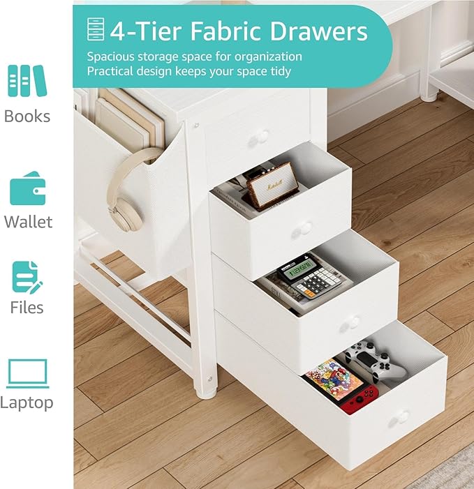 Lufeiya L Shaped Desk with Led Lights and Power Outlets, 47 Inch Writing Study Computer Gaming Desks with Fabric Drawers for Bedroom, Home Office Corner Desk with Monitor Stand Shelves, White