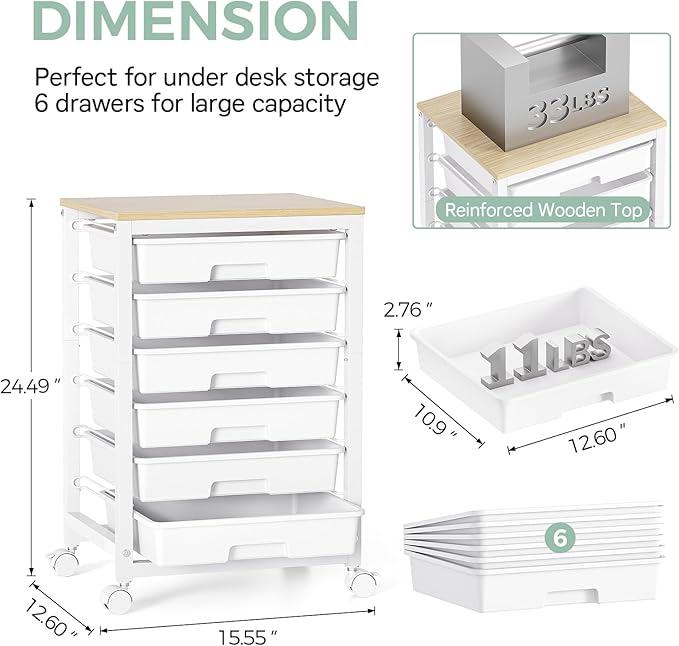 Rolling Storage Utility Cart with 6 Drawers and Wooden Tabletop for Under Desk Storage,White