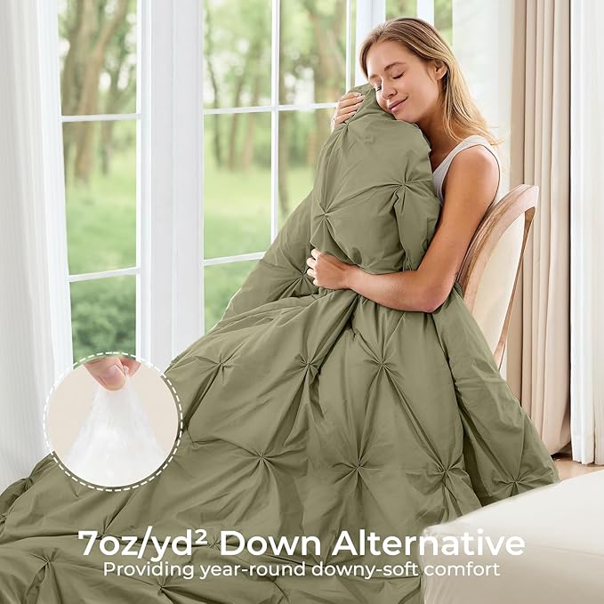Sasttie Queen Comforter Set, 7-Piece Bed in a Bag, Pintuck Bedding Sets for All Season, Includes Comforter, Flat Sheet, Fitted Sheet, Pillowcases and Pillowshams, Olive Green