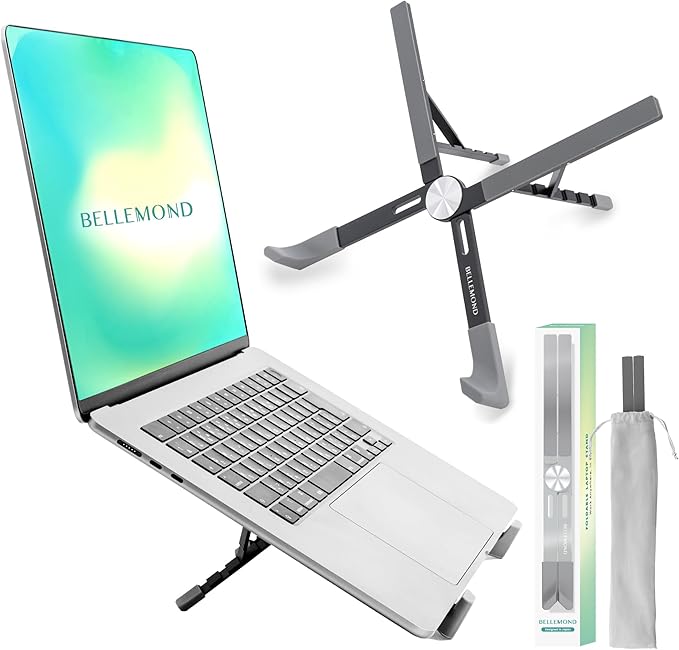 BELLEMOND Laptop Stand | Foldable & Adjustable Aluminum Riser | Ventilated X-Frame Japanese Design | Fits MacBook Pro/Air, Dell, HP, Lenovo & 10–17.3” Laptops | Portable & Lightweight | Midnight Black