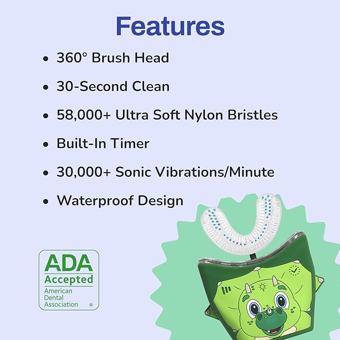 autobrush Kids U Shaped Electric Toothbrush, ADA Accepted, Sonic Pro with Unique 360° Nylon Bristles 3 Cleaning Modes,Whitening LED-Lights,Plays Music (Double-Sided),Ages 9-12, Dinosaur