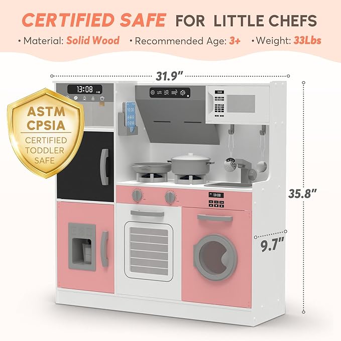 BIERUM Play Kitchen with Realistic Lights & Sounds, Wooden Kitchen Playset with 28 Pcs Toy Food & Cookware Accessories, Toy Kitchen with Plenty of Play Features, Idea Gift for Boys and Girls Ages 3+