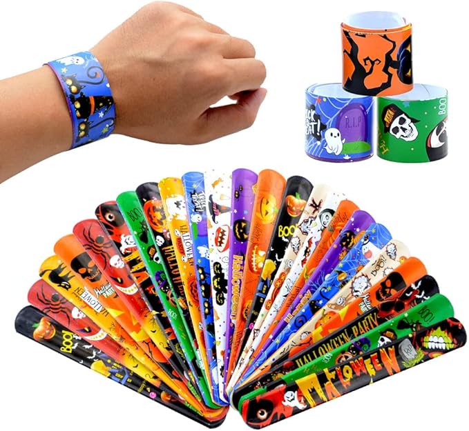 48Pcs Halloween Party Favors Halloween Slap Bracelets Rubber Wristbands Assorted Gifts for Kids - Trick or Treat Toys, Halloween Bag Stuffers Goody Bag Fillers Classroom Prizes