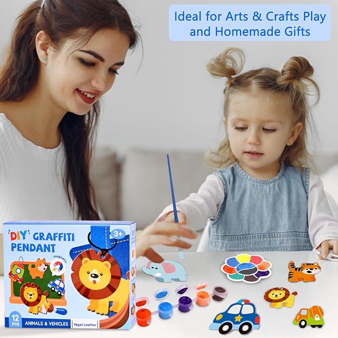 Magnetic Mini Tile Art-DIY Craft Kits for Kids,Fridge magnet painting kit for kids Ages 4-8,Soft Leather Fridge Magnets Craft Paint Set Animals & Vehicles,Party Favors for Kids 8-12