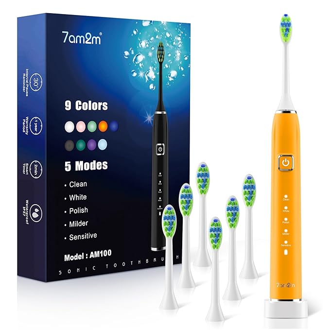 7AM2M Sonic Electric Toothbrush with 6 Brush Heads for Adults and Kids, One Charge for 90 Days, Wireless Fast Charge, 5 Modes with 2 Minutes Built in Smart Timer, Electric Toothbrushes(Orange)