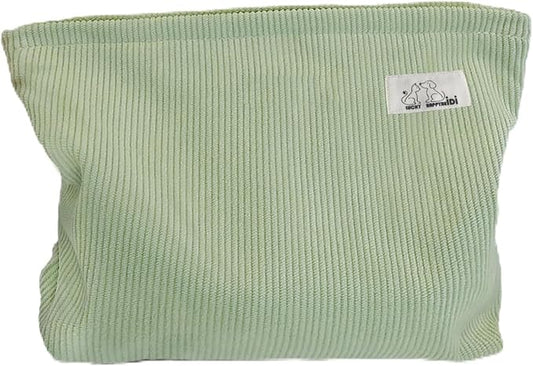 HAPPYHEIDI Fresh Green Corduroy Makeup Bag with Compartment Cosmetic Toiletry Travel Pouch, Make Up Accessory Purse Organizer, Canvas Lined