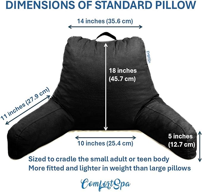 ComfortSpa Reading Pillow for Kids Teens Adult, Back Rest Pillow with Arms, Pockets, Washable Cover; Use as a Back Pillow for Bed Sitting Up for Bedrest or Relief from GERD Heartburn (Standard Black)