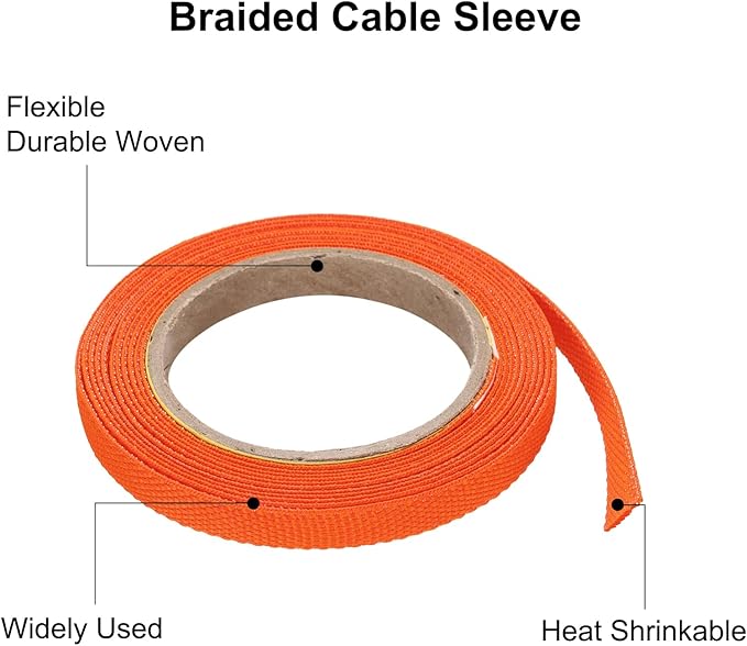 MECCANIXITY Braided Cable Sleeves Heat Shrinkable Fabric Sleeving, 1/4" 10ft Orange 2:1 Ratio Heat Shrinkable Cord Protector for Harness Cable, Network Cable Protection, Cable Management