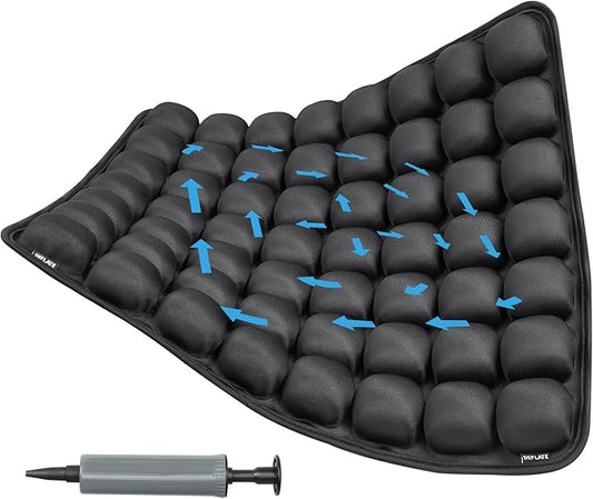 Inflatable Seat Cushion with Built-in Pump - Adjustable 3D Air Travel Cushion for Airplane, Car, Wheelchair - Portable Black Chair Pad for Long Flights, Driving, 17.7x15.7 Inches Black