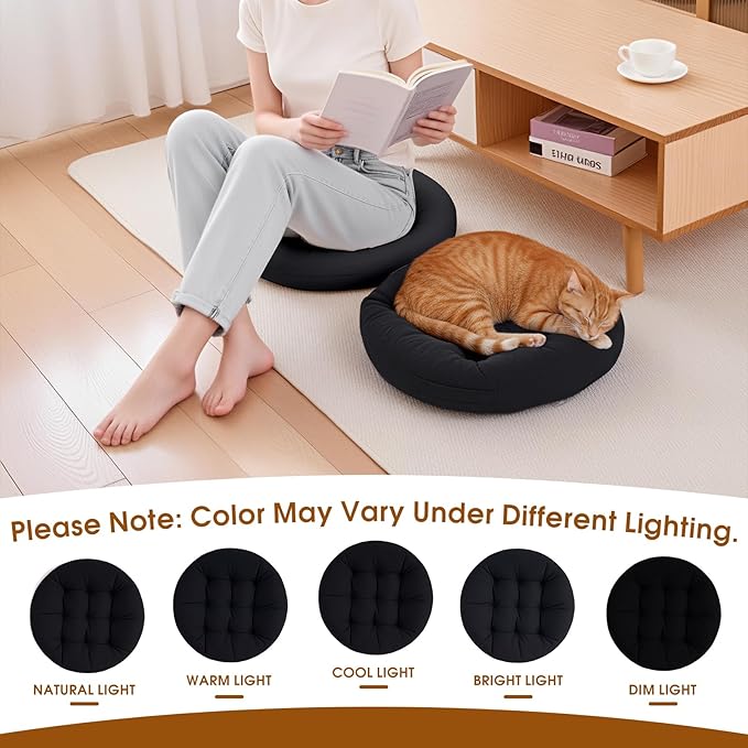 2Pcs Floor Pillows for Adults, 22x22 Inch Meditation Cushions, Large Round Sitting Cushion Living Room Memory Foam Pillow for Sitting (4, Black, 22x22x4 Inch)