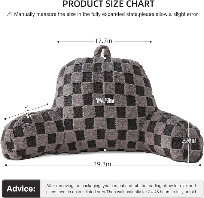 Aimuan Reading Pillow Checkered Bed Rest Wedge Backrest Checkerboard Pillow with Arms Back Support for Sitting Up in Bed Cushion Incline Rest Sleeping Snoring Pillow (Dark Grey,Large)