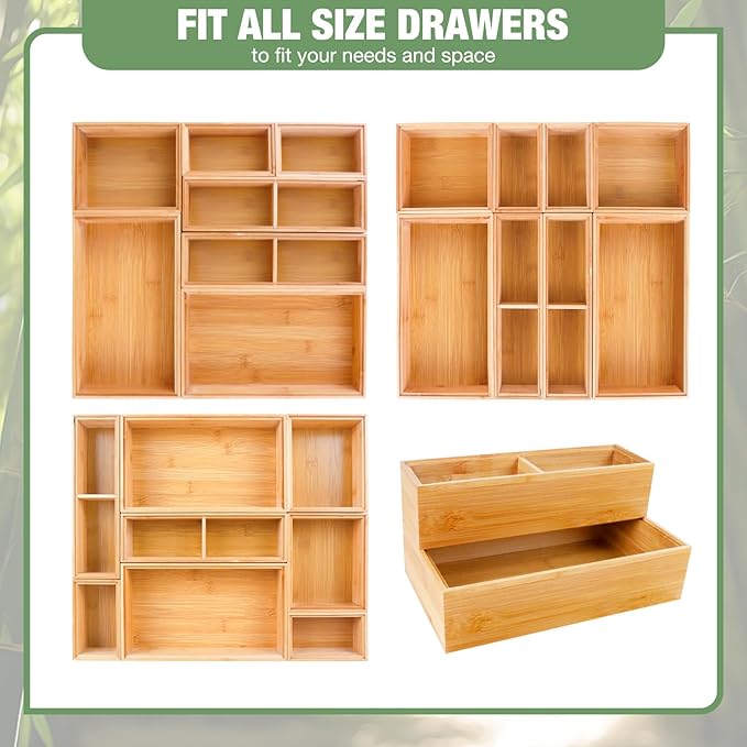 Bamboo Drawer Organizer Set, 8 PCS Multi-Use Wood Drawer Storage Boxes, Junk Drawer Organizer Divider Bins for Kitchen, Bathroom, Office Desk, Makeup, Jewelry, Utensils