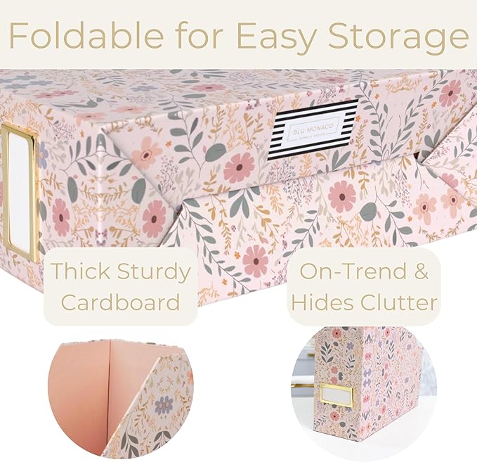BLU MONACO | Cardboard Magazine File Holder Set of 4 | Standing File Holder with Floral Boho Design | Foldable Cardboard Bins for Shelves Desk Office Storage