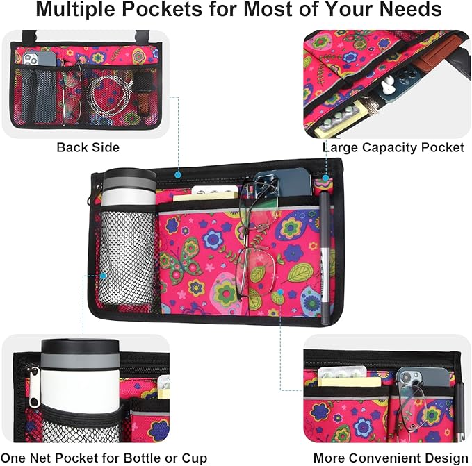 Wheelchair Side Bag, Upgrade Flower Color Wheelchair Armrest Storage Pouch with Cup Holder and Reflective Strip Made with Waterproof Fabric, for Most Wheelchairs, Walkers and Rollators (Red Butterfly)