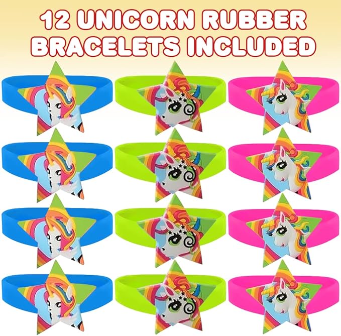ArtCreativity Unicorn Rubber Bracelets, Set of 12, Colorful Stretchy Rubber Wristbands for Boys and Girls, Fun Unicorn Birthday Party Favors for Children, Goodie Bag Fillers, Carnival Prize