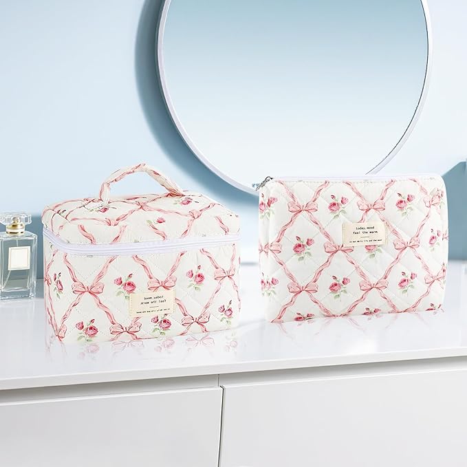 URSKYTOUS 2Pcs Cotton Quilted Makeup Bag for Women Girls Large Small Travel Floral Cosmetic Bags Set Cute Coquette Pink Makeup Pouch for Purse Aesthetic Cloth Flower Storage Toiletry Bag Organizer