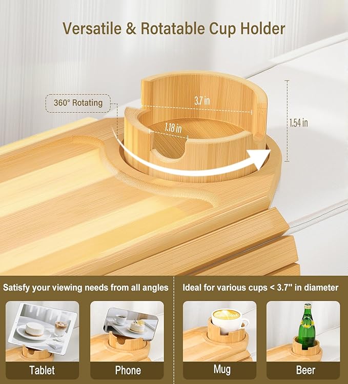 Couch Arm Tray, Bamboo Sofa Table for Couch, Sofa Arm Tray with Cup Holder, Non-Slip Armrest Organizer for Drink, Cup, Snack, Control, Easy to Clean, Natural