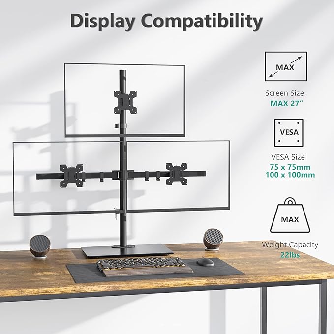 WALI Freestanding Triple Monitor Mount, Fully Adjustable Three Monitor Desk Mount, 3 Monitors Stand for 17-27 Inch Screens, Max Load 22lbs per Arm (GMF003), Black
