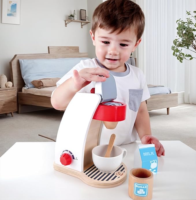 Hape Wooden White Coffee Maker Kitchen Set with Accessories| Pretend Play Toy Set for Kids Ages 3 Years & Up