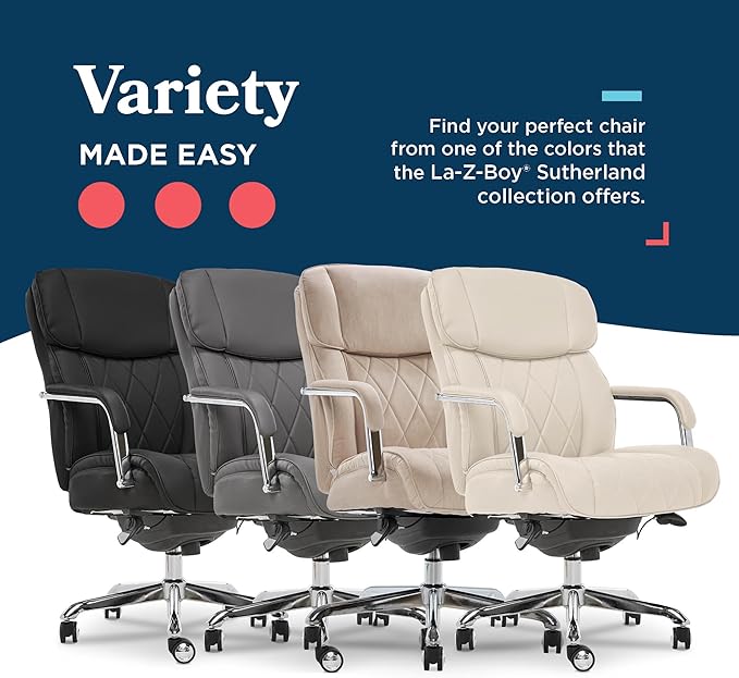 La-Z-Boy Sutherland Quilted Leather Executive Office Chair with Padded Arms, High Back Ergonomic Desk Chair with Lumbar Support, Ivory White Bonded Leather