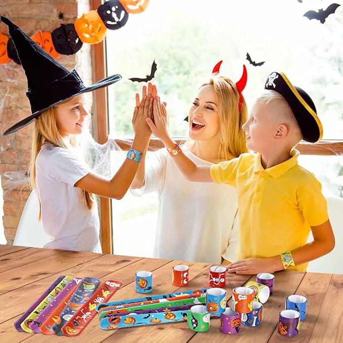 Halloween Party Favors for Kids, 48 PCS Halloween Slap Bracelets Assorted Bulk Party Decorations, Snap Bracelet Wristbands for Kids Print with Spider Pumpkin Ghost Print Halloween Treats Supplies