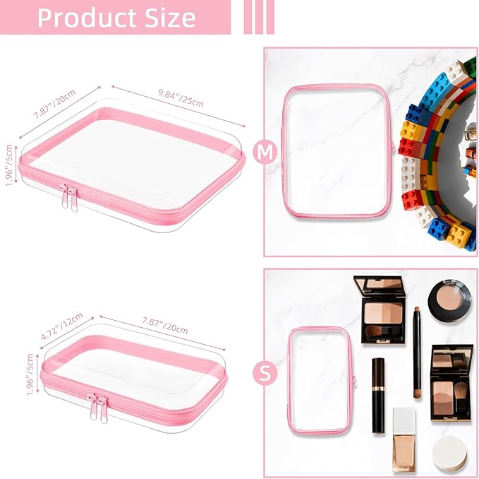 Clear Hard Shell Zipper Case,Clear Toy Storage Pouch,Waterproof Transparent Organizer Comestic Case for Travel, Office, Home (Pink, 3*S)