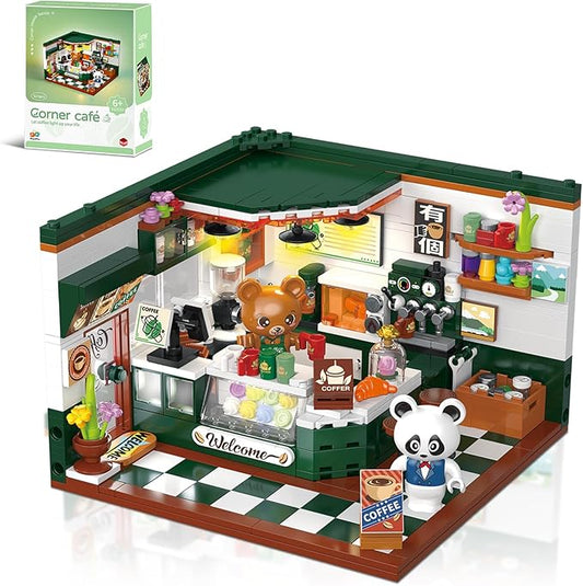 Friends House Building Block Set, Bear Cafe Shop Business City View Small Brick Model, Mini Construction Toy, Hobbies Christmas Birthday Gift for Teens Children Kids Boys Girls 6+, 527pcs