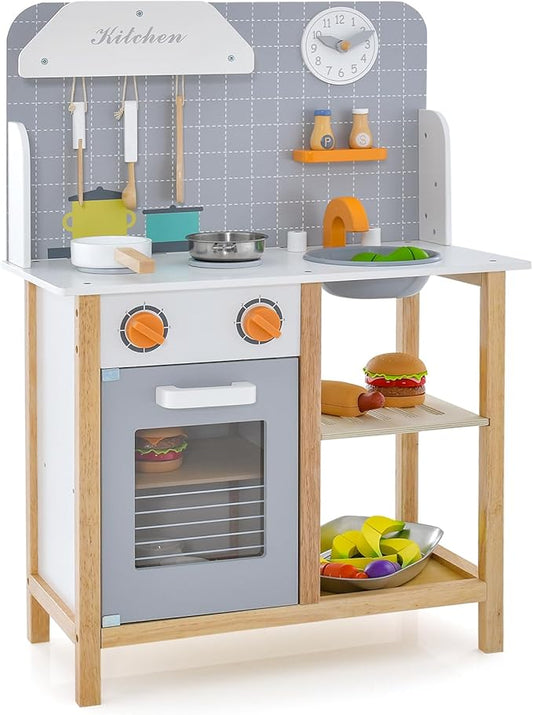 HONEY JOY Kids Kitchen Playset, Toddler Wooden Play Kitchen Set w/Sink, Stove & Oven, Cooking Accessories, Large Storage Cabinet, Little Chef Pretend Play Toy Kitchen Set, Gift for Boys Girls, Gray
