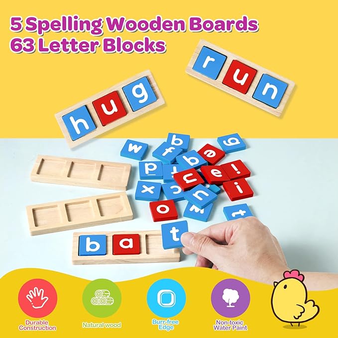 KMUYSL CVC Word Spelling Games, Wooden Learning Activities Toys, Educational Montessori Toy for 2 3 4 5 Years Old Toddlers Kids Boys and Girls, Flash Cards Sight Words for Kindergarten Preschool