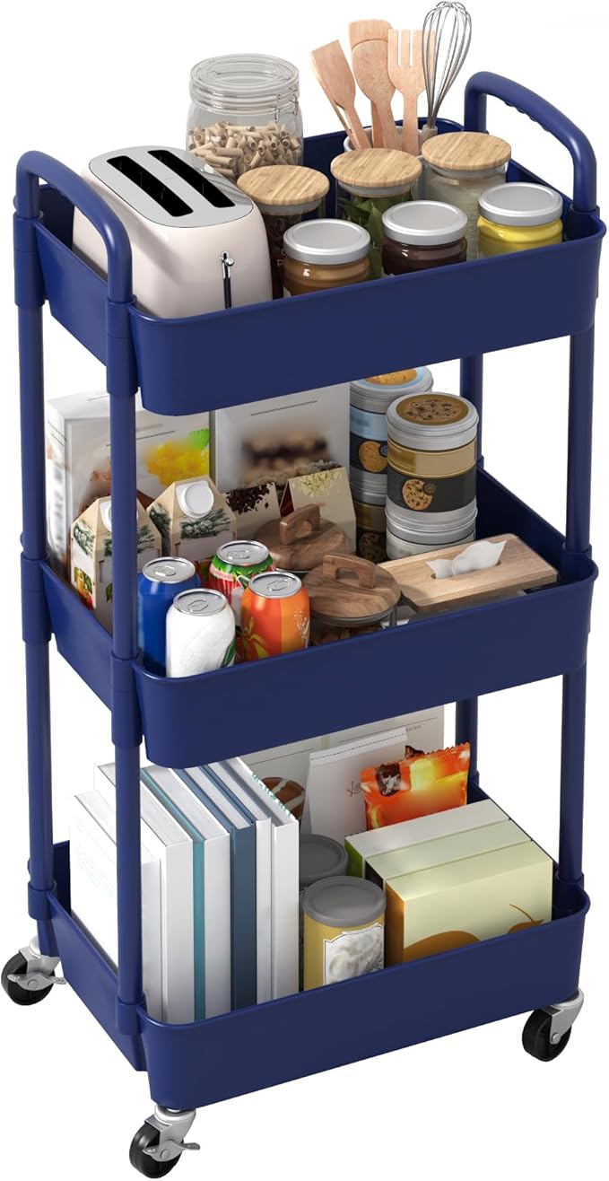 Sywhitta 3-Tier Plastic Rolling Utility Cart with Handle, Multi-Functional Storage Trolley for Office, Living Room, Kitchen, Movable Storage Organizer with Wheels, Blue