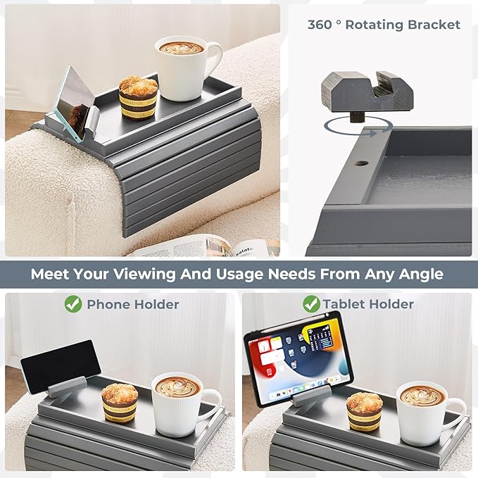 Bamboo Sofa Arm Tray, Anti Falling Couch Arm Tray Armrest Table with 360° Rotating Phone Holder, Foldable and Portable Sofa Armrest Trays Cup Holder for Drink,Cups, Phone, Snacks, Remote