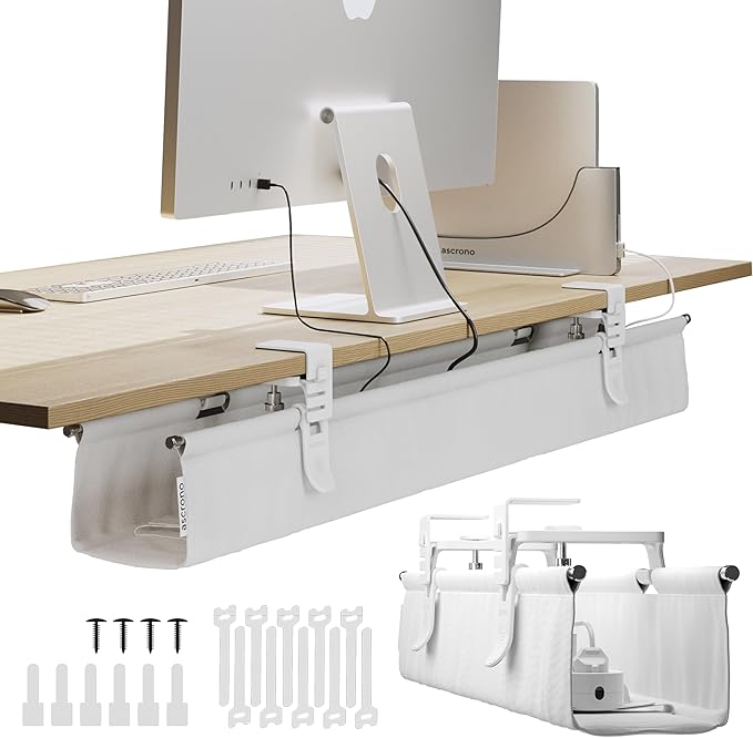 Ascrono Original No Drill Under Desk Cable Management Tray 40.6" - Premium White Fabric Cable Management Under Desk - Clamp/Screw Mount Cord Organizer - Supports Upto 66lbs - Large