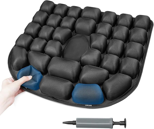 Airplane Seat Cushion - INFLATE/Deflate Built in Pump Inflatable Pad for Office Chairs, Wheelchairs, Car Seats & Outdoor Cushions 17.7x15.7 inches (Black)