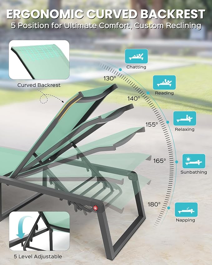 Aluminum Chaise Lounge Chair Outdoor, Foldable & Assembly Free Patio Pool Lounge Chairs 5-Position Recliner for Outside Poolside, Fully Grounded Legs Sun Lounger for Beach, Yard, Light Green