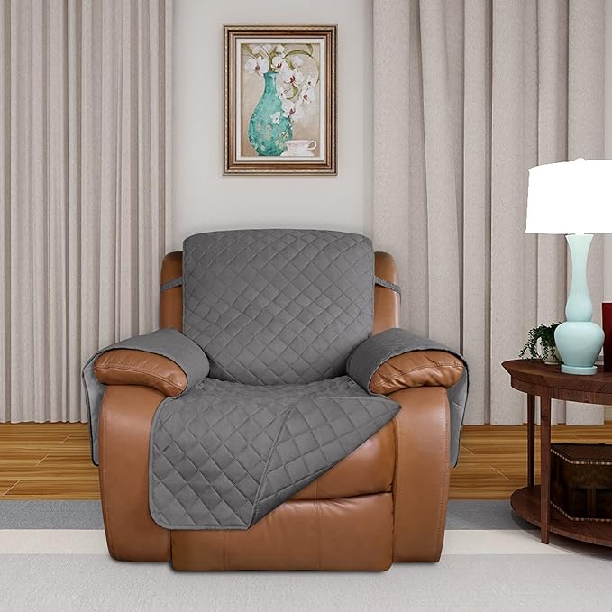 PureFit Reversible Quilted Sofa Cover, Water Resistant Slipcover Furniture Protector, Washable Couch Cover with Non Slip and Elastic Straps for Kids, Dogs, Pets (Oversized Recliner, Gray/Gray)