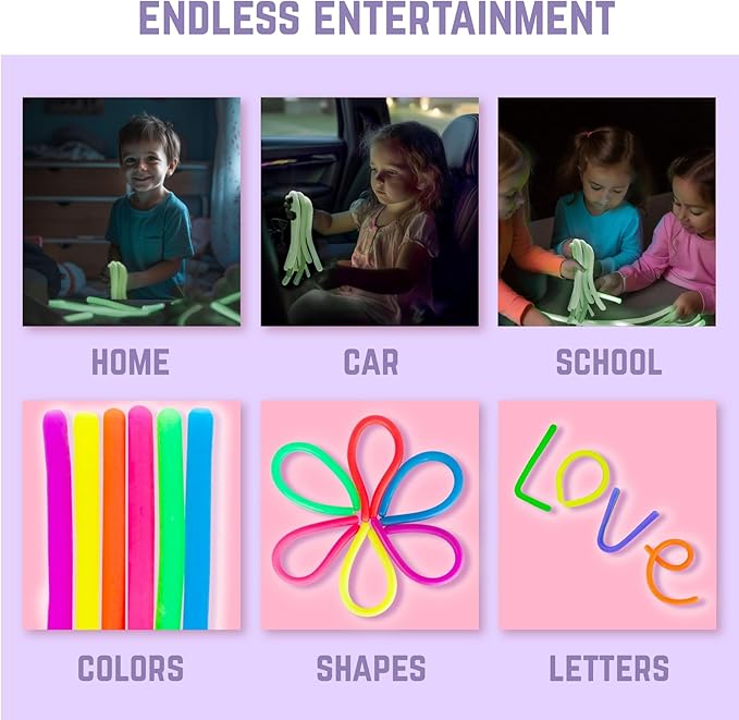 BUNMO Stretchy Strings - Sensory Toys for Toddlers - Stimulating & Addictive Sensory Toys for Kids - Fidget Toy - Hours of Fun for Kids - Non-Mouthable Toy 3+ - Glow 6 Pack