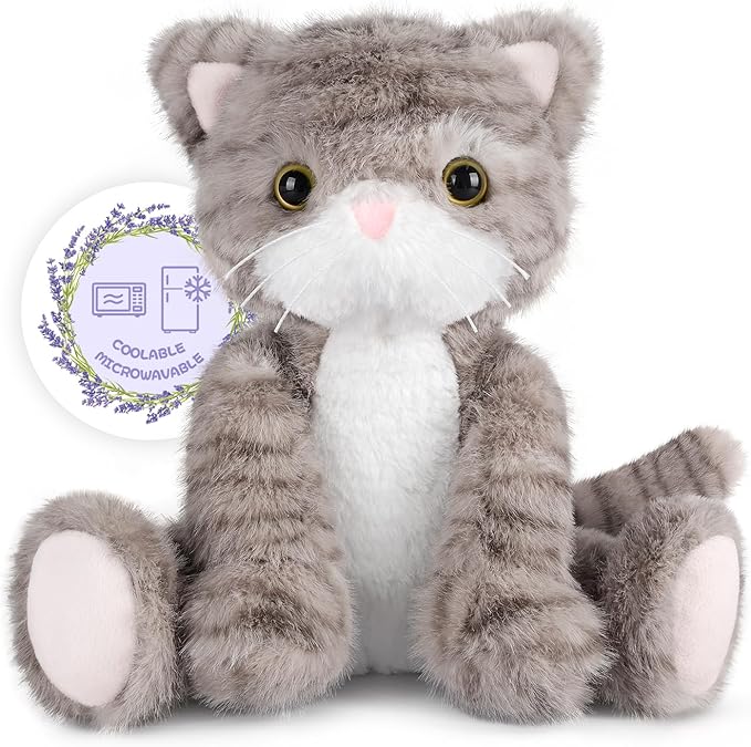 Heatable & Coolable Grey Cat Stuffed Animal, Cat Heating Pad Microwavable for Soothing & Relaxation, Lavender Scented Cat Plush Toy for Stress Relief, Stuffed Cat Toys for Kids