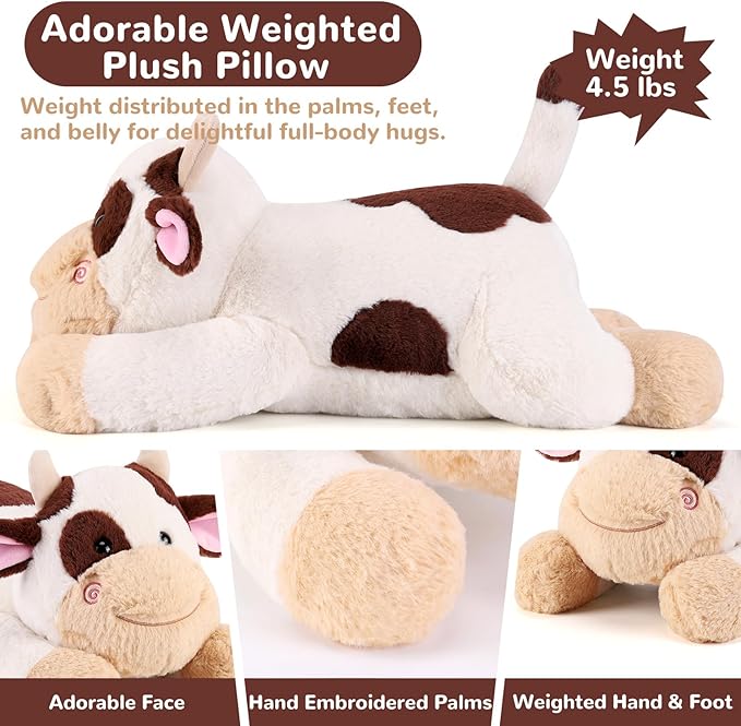 Cow Weighted Stuffed Animals - 22 Inch 4.5 Pounds Weighted Plushies Cow Stuffed Animals - Big Plush Pillow - Cute Plush Toys Gifts for Kids & Adults (22" 4.5 lbs Brown)